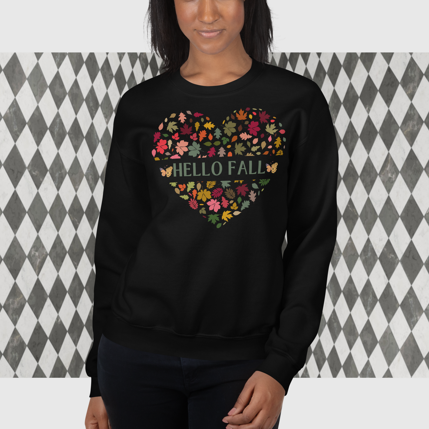 Women Hello Fall Sweatshirt, Women Heart Shaped Fall Sweatshirt