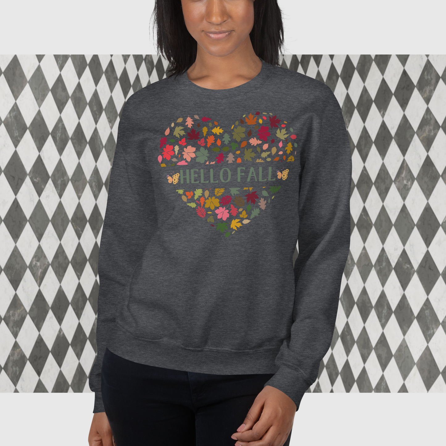Women Hello Fall Sweatshirt, Women Heart Shaped Fall Sweatshirt