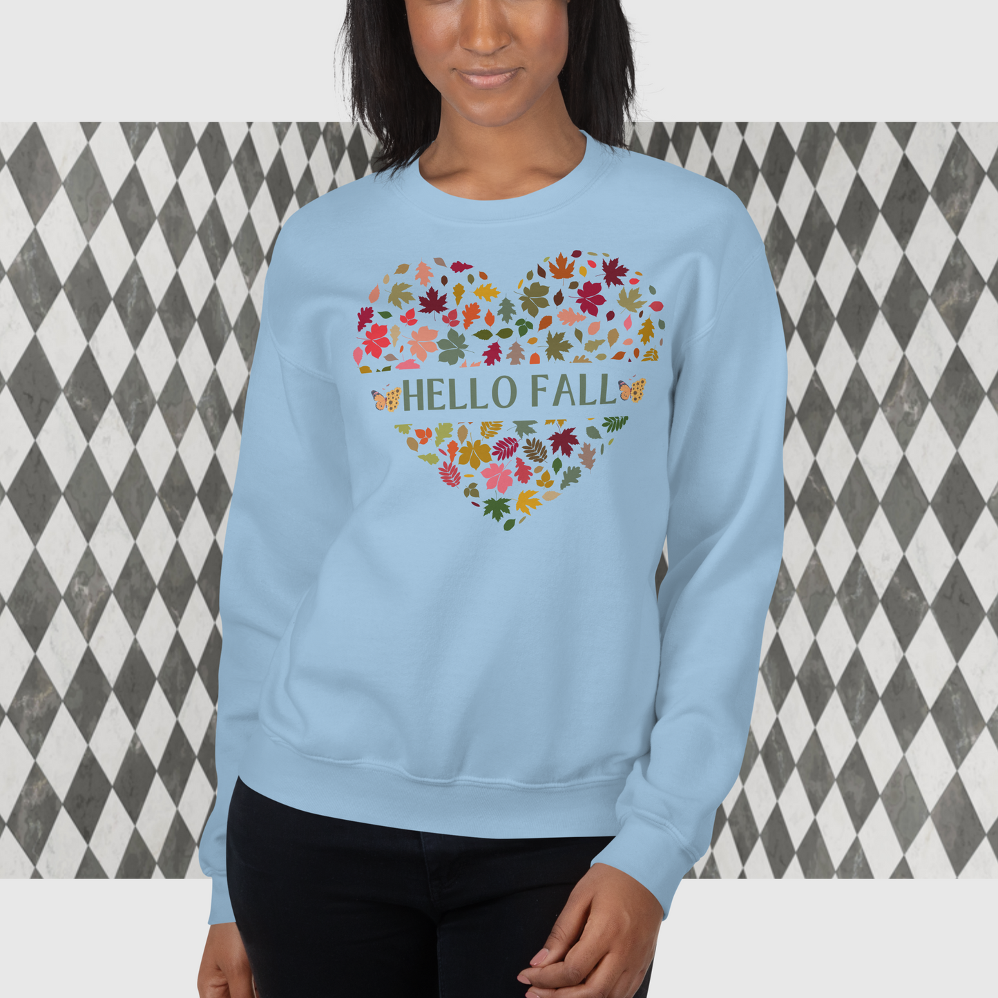 Women Hello Fall Sweatshirt, Women Heart Shaped Fall Sweatshirt