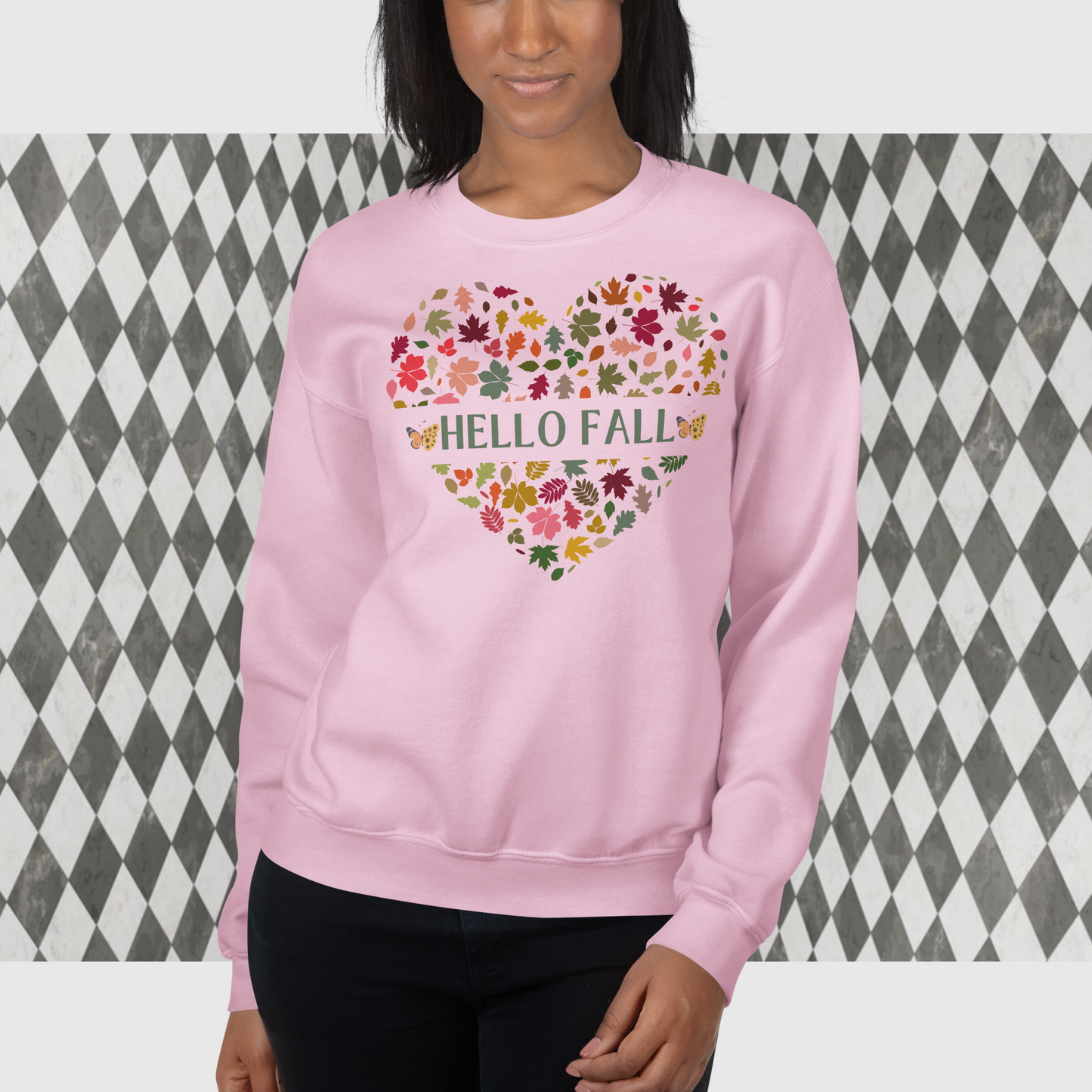 Women Hello Fall Sweatshirt, Women Heart Shaped Fall Sweatshirt