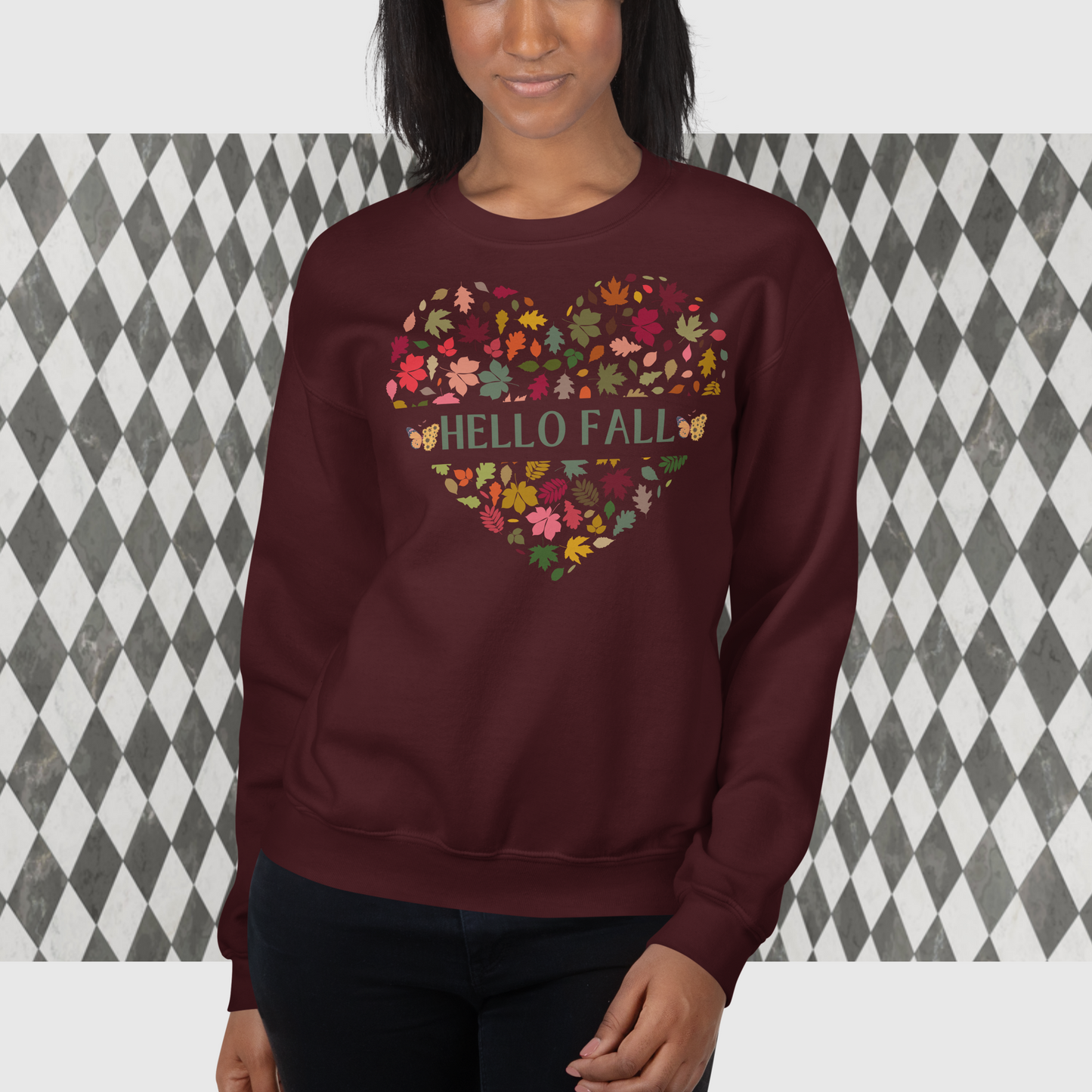 Women Hello Fall Sweatshirt, Women Heart Shaped Fall Sweatshirt