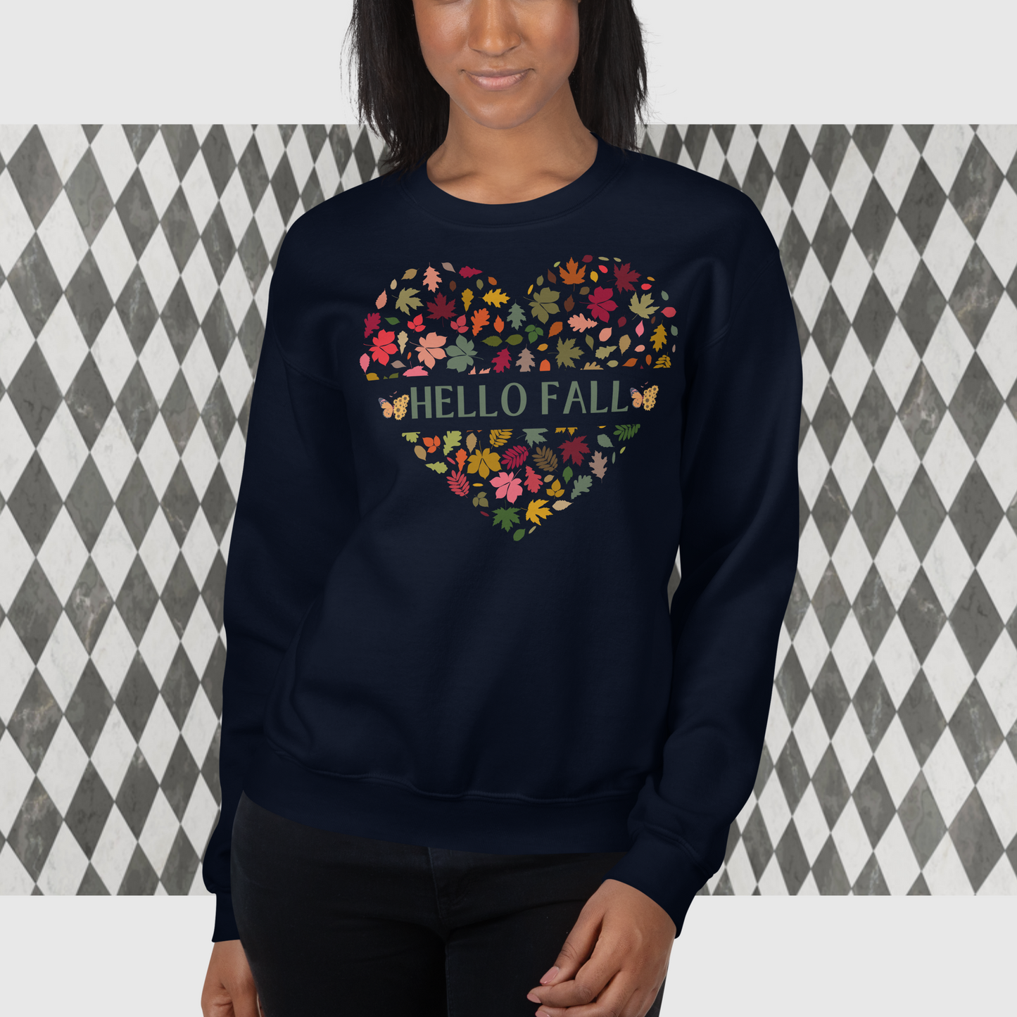 Women Hello Fall Sweatshirt, Women Heart Shaped Fall Sweatshirt