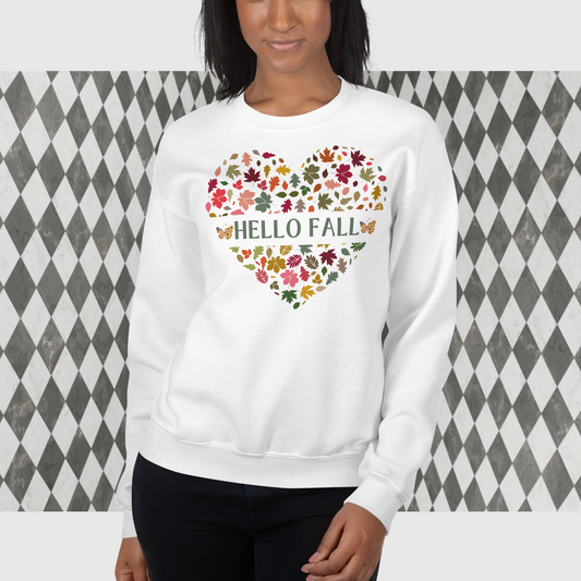 Women Hello Fall Sweatshirt, Women Heart Shaped Fall Sweatshirt